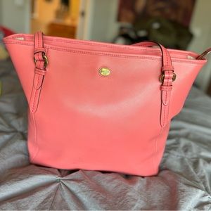 COACH Peyton Zip Top Saffiano Leather Tote Bag Strawberry Pink/ Coral
